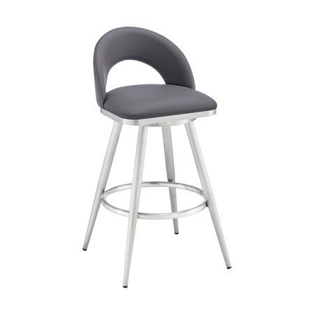 Armen Living Lottech Swivel Bar Stool in Brushed Stainless Steel with Gray Faux Leather 840254335417